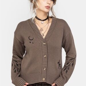 NWT Disturbia Hester Embroidered Brown/Gray Cardigan Sweater